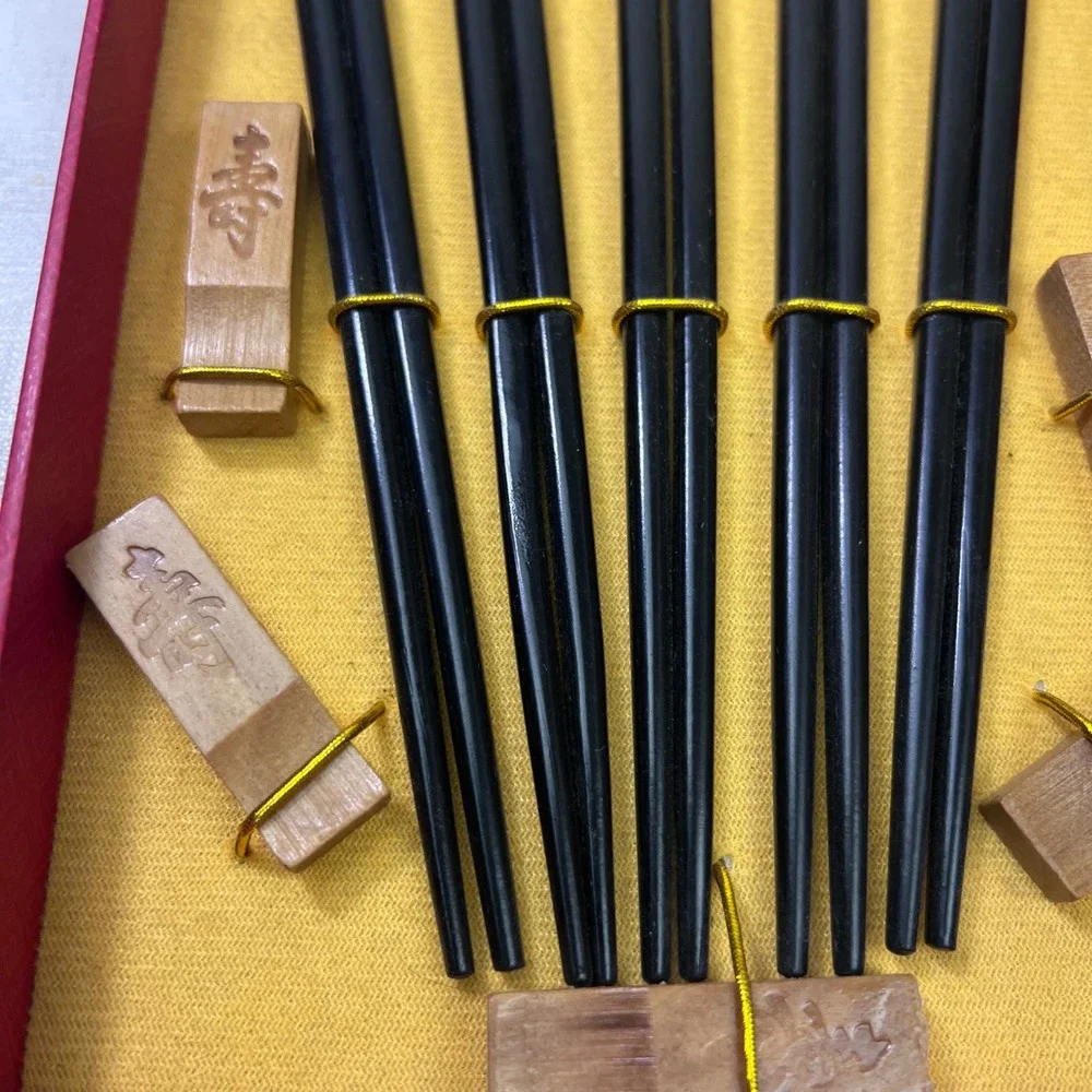 5 Pair Black Wood Chopstick Set with Calligraphy and Rests in Box